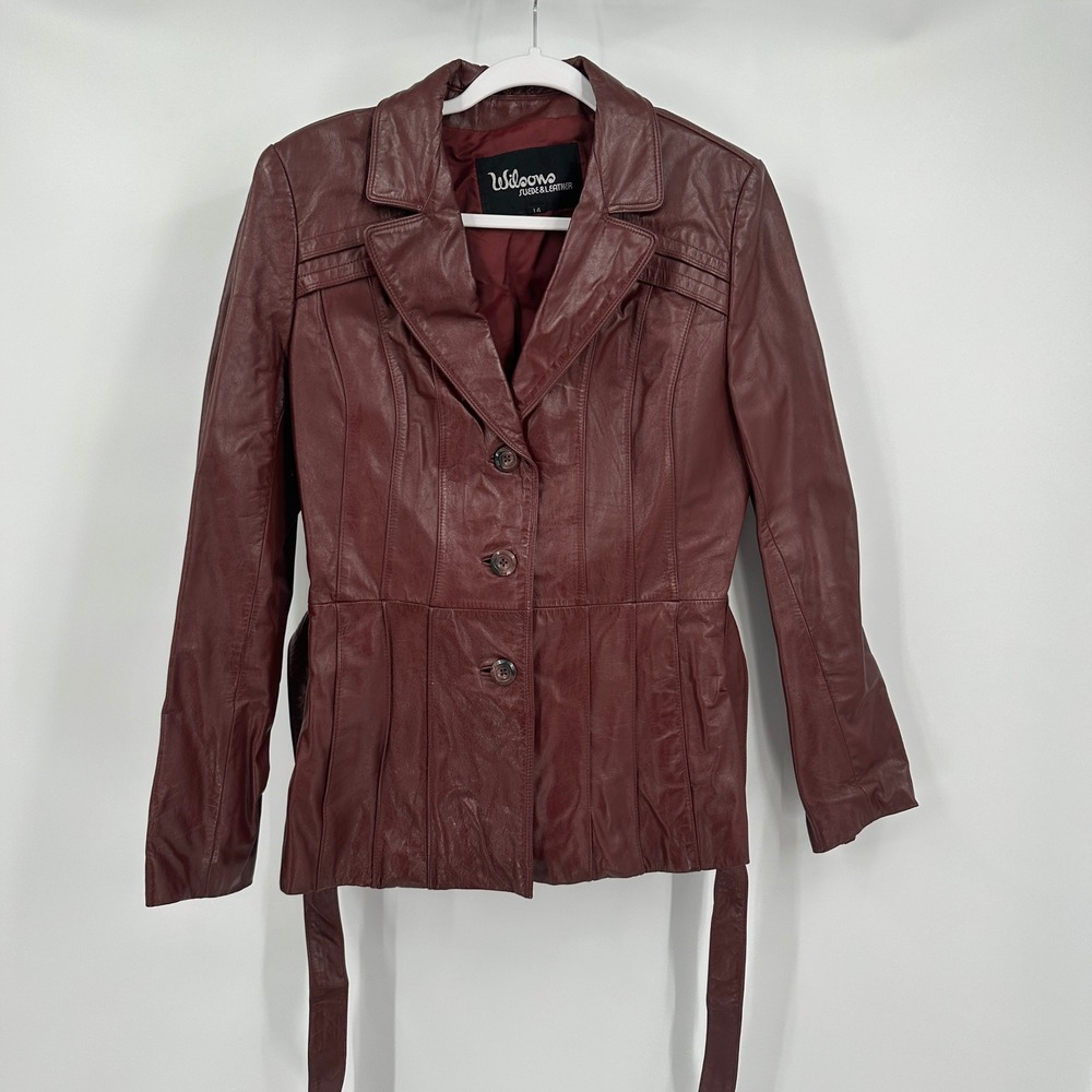 Wilsons‎ Womens Burgundy Leather Jacket Size 14 Old Money Moto Minimalist Belted